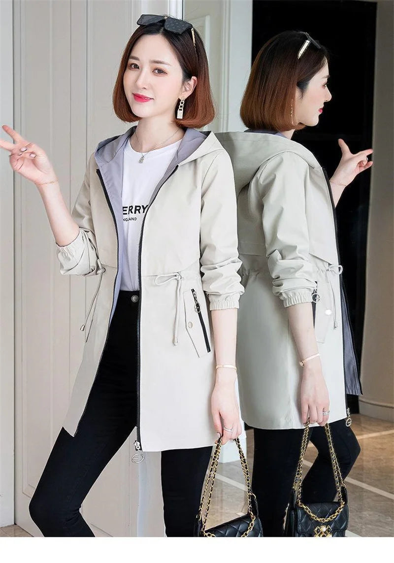 Double-Sided Trench Coat Women 2023New Fashion Spring Autumn Clothes Hooded Mid-Length Windbreakers Female Outerwear Casual Tops