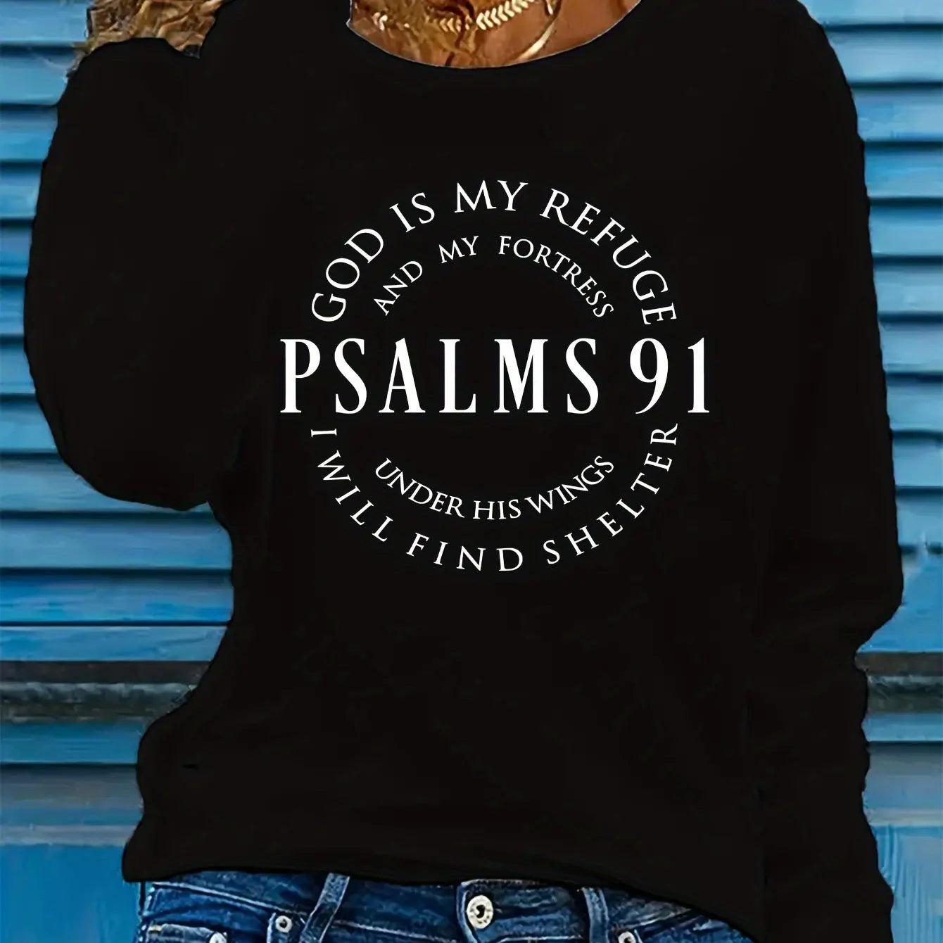 Spring and Autumn Women's 100% Cotton Fashion Casual Loose Inspirational Palms 91 Verseprint Round Neck Long Sleeve T-shirt