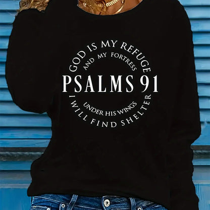 Spring and Autumn Women's 100% Cotton Fashion Casual Loose Inspirational Palms 91 Verseprint Round Neck Long Sleeve T-shirt