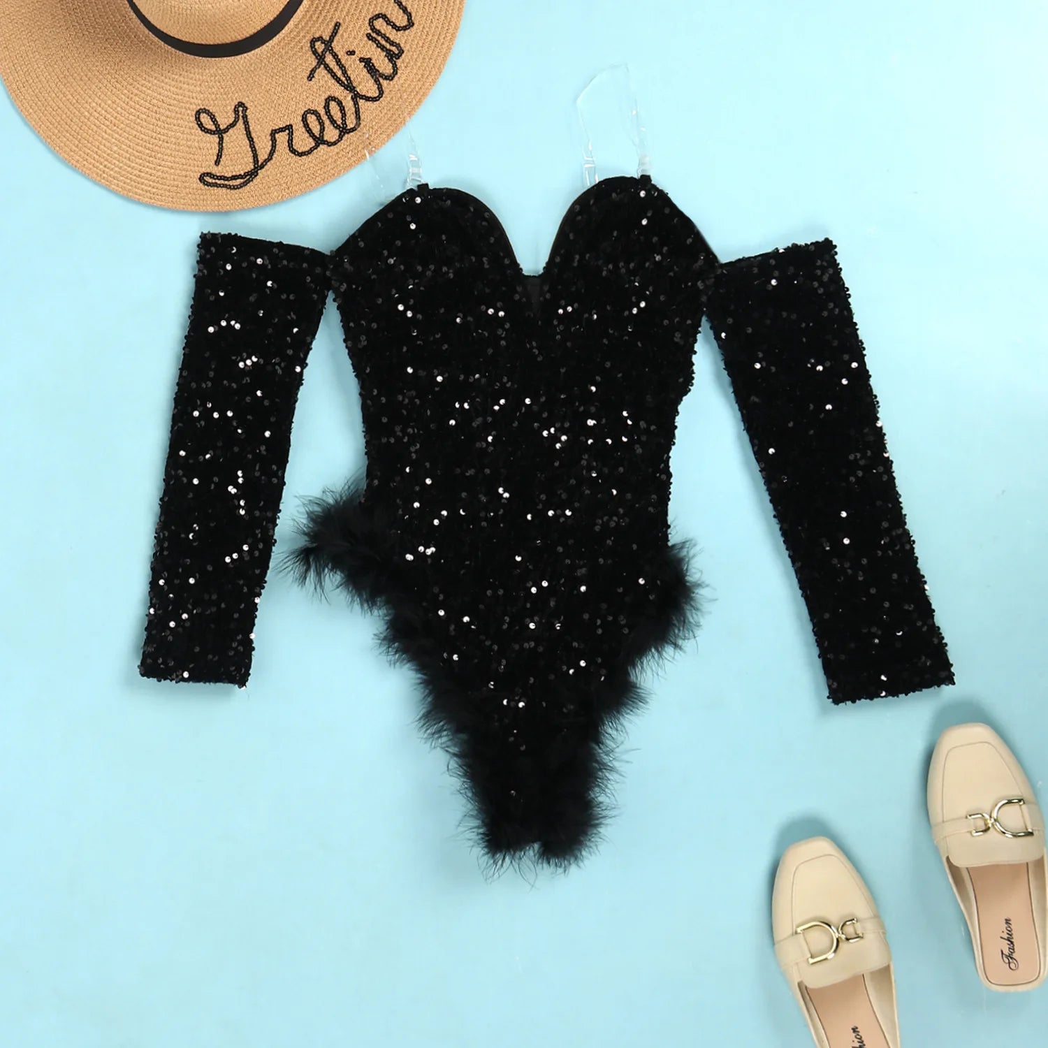 Women's Elegant Sequined Feather Slim Patchwork Bodysuits Spring Summer New Sexy Bodysuits Women Long Sleeve Backless Bodysuits