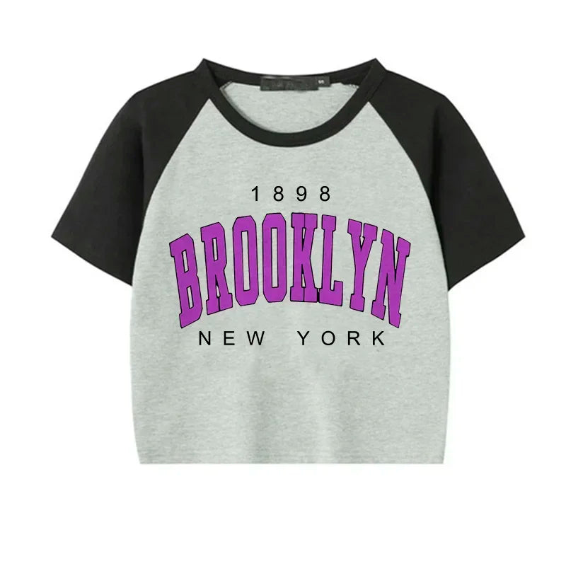 Women Brooklyn 1898 Letter Print Crop Tops Y2k T Shirt Harajuku Cropped Tshirt Funny Graphic T-shirt Korean Style Clothes Female 406