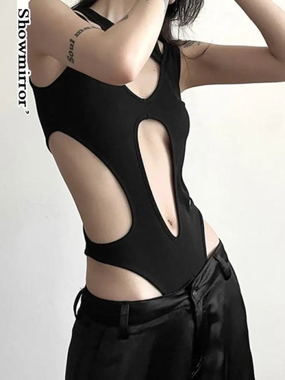 Gothic tops Y2k clothes sexy spicy hollow out bodysuit nigh clubwearr ashion women's patchwork slim fitting jumpsuit top tees