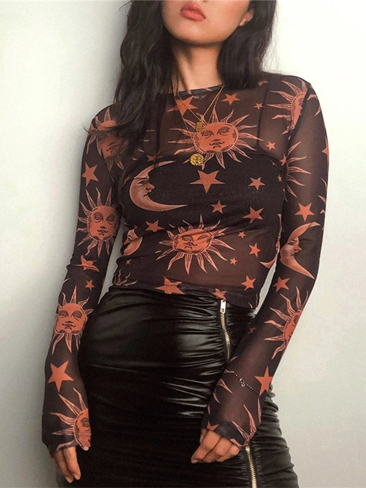 Sun Moon Printed Transparent Mesh Sexy T-Shirt Women O-Neck Long Sleeve Slim Basic Casual Female Tops 2023 Spring New black