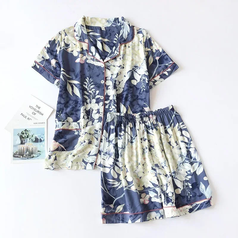 Spring and autumn ladies cute cartoon floral viscose fiber pajamas two-piece long-sleeved home service cotton summer thin shorts 05