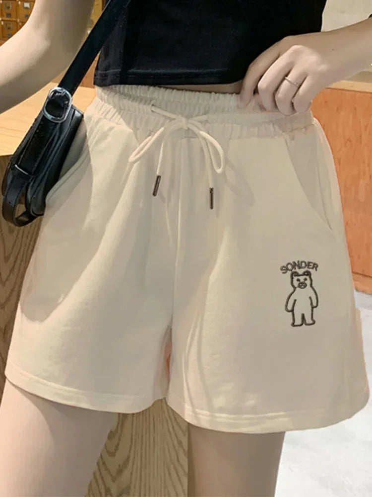 Loose Shorts Solid Pants For Women Streetwear Summer Clothes Cute Bear Printed Ropa De Mujer Elastic High Waist Casual Trousers Apricot Shorts