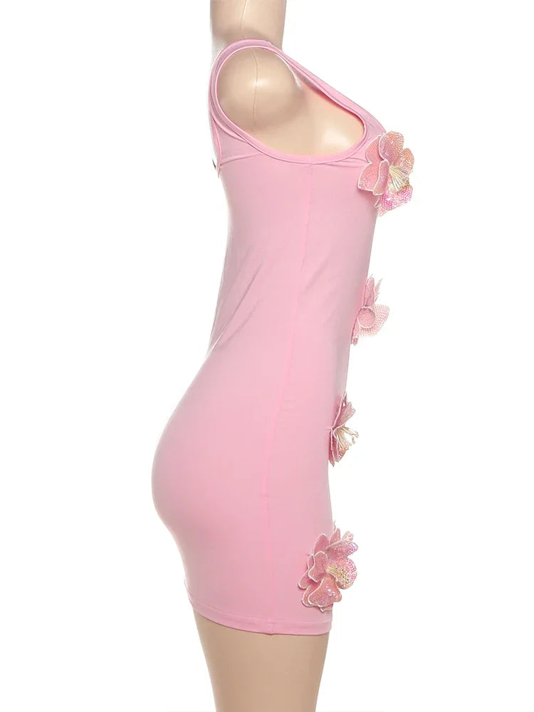 Women Sleeveless Sexy Square Collar Backless Beach Vacation Birthday Party Stretch Bodycon Glitter Appliques Dress