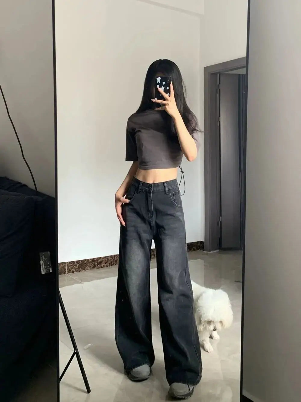 Korean Vintage High Waist Women's Jeans Y2K Slimming Pear-Shaped Loose Straight Bell Bottoms Black Gray Baggy Denim Trousers - Badiee Stylez
