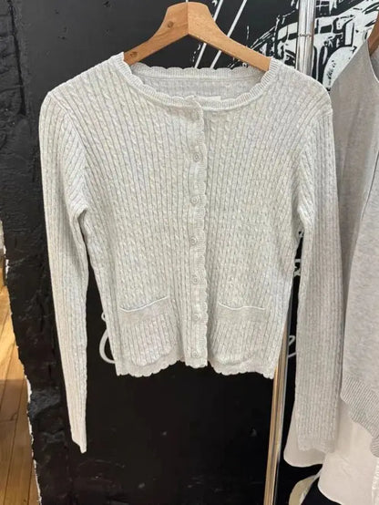Pockets Gray Knitted Sweater Cardigan Woman Round Neck Long Sleeve Cotton Sweaters Autumn Sweet Preppy Style Knitwear Y2k Top Grey-Twist flower One Size