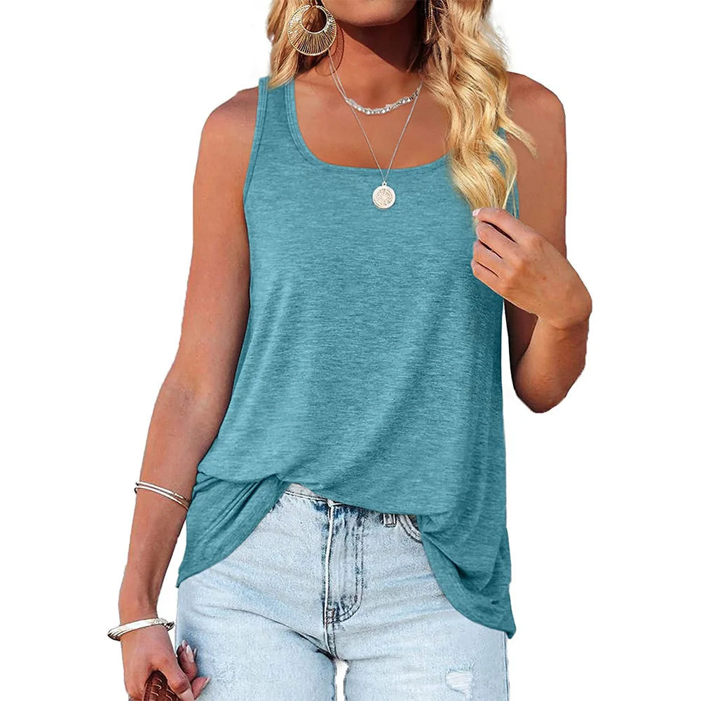 Womens Tank Tops U Neck Dolphin Hem Casual Flowy Summer Sleeveless Tunic Tshirts