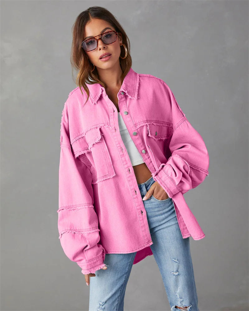 2025 Spring Autumn Shirt Style Denim Jacket Women Holes Raw-edges Jeancoat Casual Tops Female Oversize Loose Outerwear 7 Colors