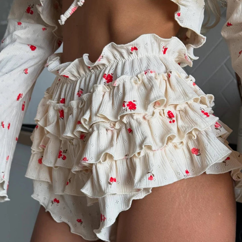 Hiloc Home Ruffles Cute Print Shorts Suits Pajamas For Women Summer Flare Sleeve Wrap Blouse With Elastic Waist Shorts 2 Piece