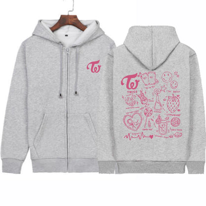 2023 Twice Kpop Album Print Hoodie Sweatshirts Long Sleeve Streewear Pullover Clothes Zip Up Hoodie GRAY