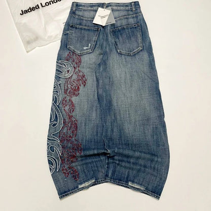 Street Fashion Y2K Asymmetrical Oversized Pattern High Waist Baggy Women Jean Vintage Harajuku Streetwear Straight Wide-leg Jean