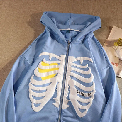 Y2K Gothic Butterfly Print Zip Up Women Hoodies 2025 Winter Grunge Skeleton Sweatshirt Casual Hooded Jacket Streetwear Hoodie 9728-Blue