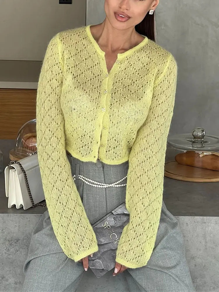 Tossy Summer Knitwear Hollow Out Cardigan Female Long Sleeve Casual Cropped Top Patchwork See-Through Knit Cardigan Outwear 2025 Yellow