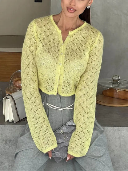 Tossy Summer Knitwear Hollow Out Cardigan Female Long Sleeve Casual Cropped Top Patchwork See-Through Knit Cardigan Outwear 2025 Yellow
