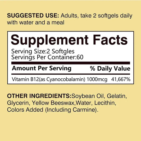Vitamin B12 1000mcg - Benefits Brain & Heart Function, Memory, Learning, Helps Boost Natural Energy