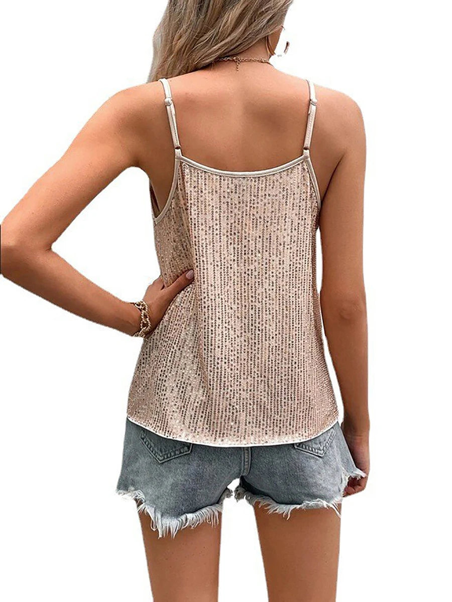 2024 Women´s Summer Sequin Cami Tops Spaghetti Strap V-Neck Sparkle Shimmer Loose Sleeveless Tanks Tops