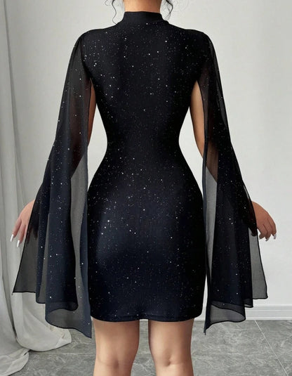 Sexy Elegant Evening Party Dresses Round Neck Pit Stripe Pearl Chiffon Cape Sleeve Wrapped Hip Dress New Fashion 2025 Casual