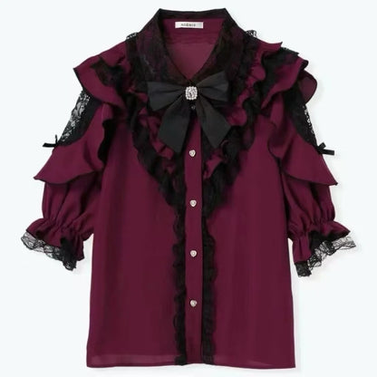 Japanese Kawaii Lolita Lace Patchwork Women Blouses 2025 Summer Harajuku Single Breasted Sweet Shirts Girly JK Bow Tops & Tees 42423