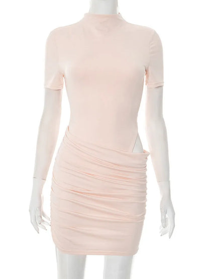 Women Hollow Out Short Sleeve Ruched Sexy Mini Dress for Women Fashion Half High Collar Skinny Club Party Dresses Female