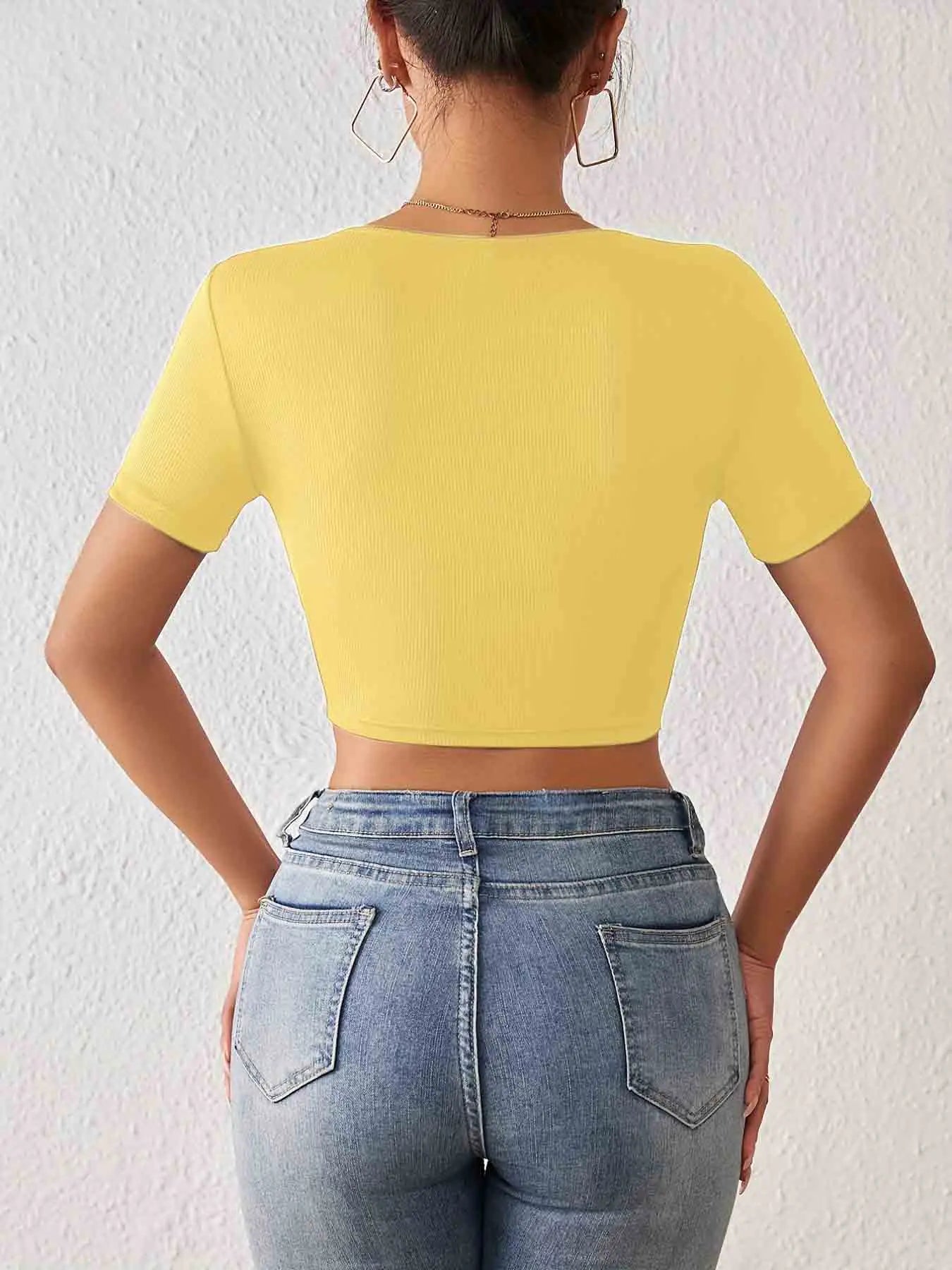 Solid Square Neck Crop T-Shirt Y2K Sexy Short Sleeve T-Shirt For Spring & Summer Women's Clothing