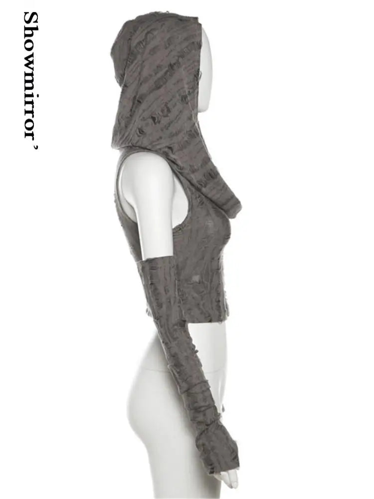 Sexy gothic teachwear Crop Top hooded Women Aesthetic T-shirts Y2K Retro Hooded Tops Streetwear Punk Tee Shirt Hottie clothes