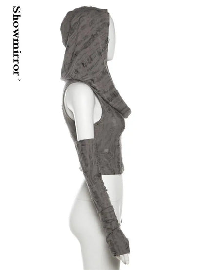 Sexy gothic teachwear Crop Top hooded Women Aesthetic T-shirts Y2K Retro Hooded Tops Streetwear Punk Tee Shirt Hottie clothes