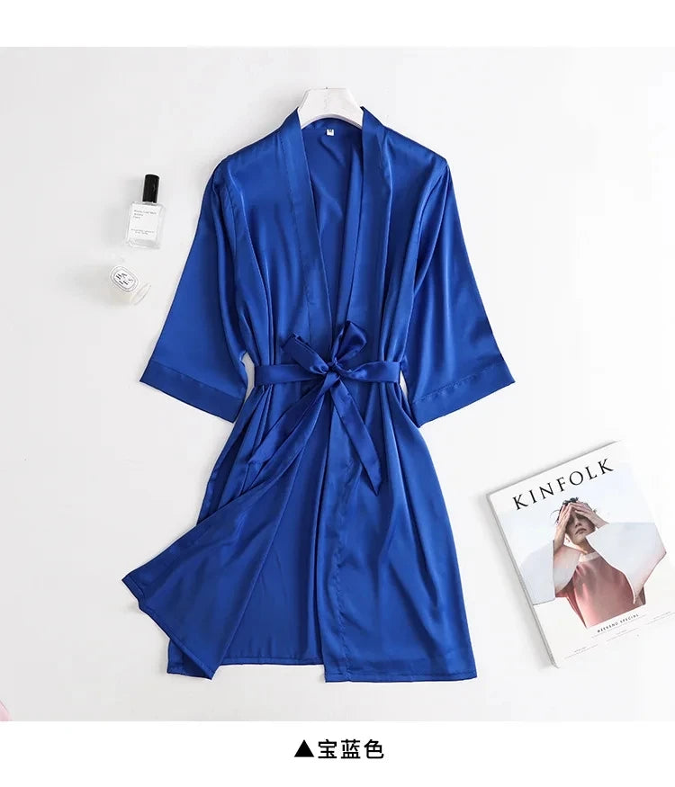 Women Wedding White Bride Robe Morning Gown 3/4 Sleeve Sleepwear Loose Nightgown Female Silk Satin Kimono Bathrobe Lingerie Royalblue