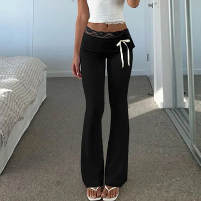 Cuteandpsycho Lace Patchwork Bow Straight Pants Y2K Fashion Aesthetic Cute Trousers Harajuku Streetwear Joggers 2000s Bottoms