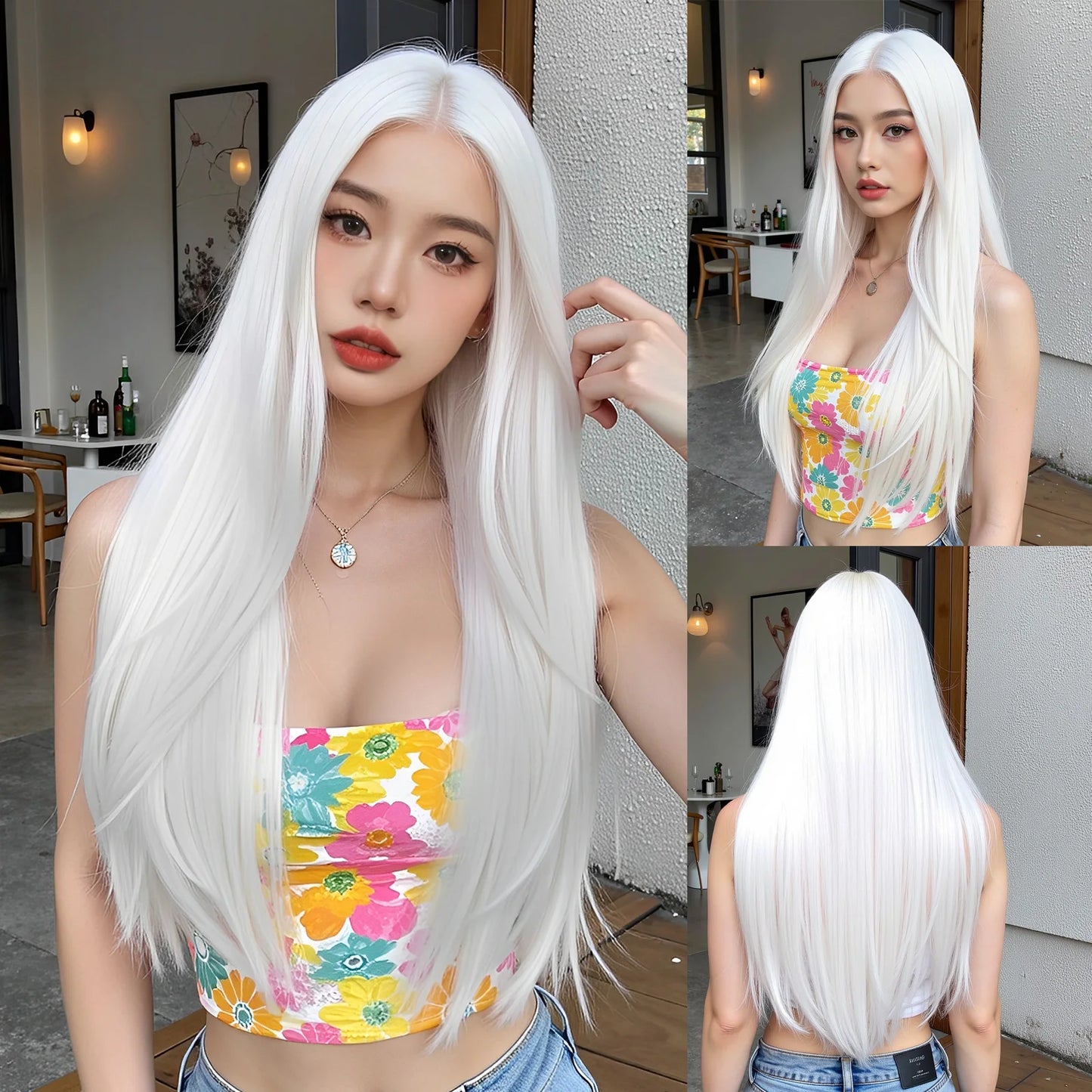 Super Long Curly Silver Synthetic Wig with Fluffy Bangs White Water Wave Hair Wigs for Women Daily Use Cosplay Colored Hair Wig SWLC3101-1PL28