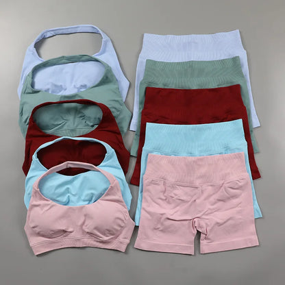 Fitness Shorts Sets Seamless Yoga Set Women 2Pcs Halter Sports Bra Scrunch Butt Gym Shorts Set Workout Clothes Summer Sportswear Badiee Stylez
