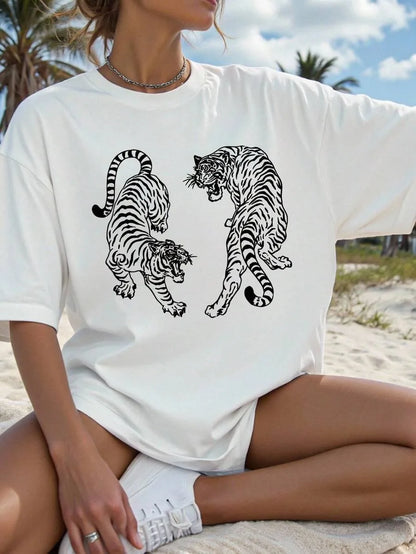 Plus - Size T-Shirt - Fashionable Leopard Print Shirt Casual Holiday Style white