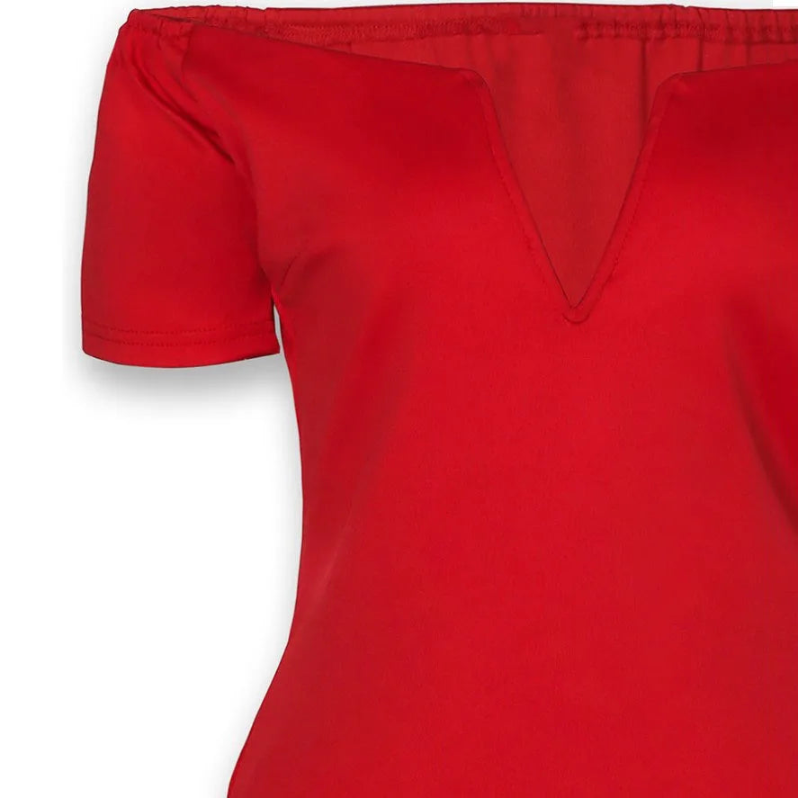 Lady V style off-the-shoulder fitted dress with a tight waist and a full skirt, a fitted evening gown for women.