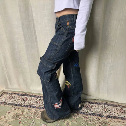 Karrram Vinatge Y2k Baggy Jeans Japanese 2000s Style High Waist Flared Jeans American Retro Denim Cargo Pants Harajuku Trousers