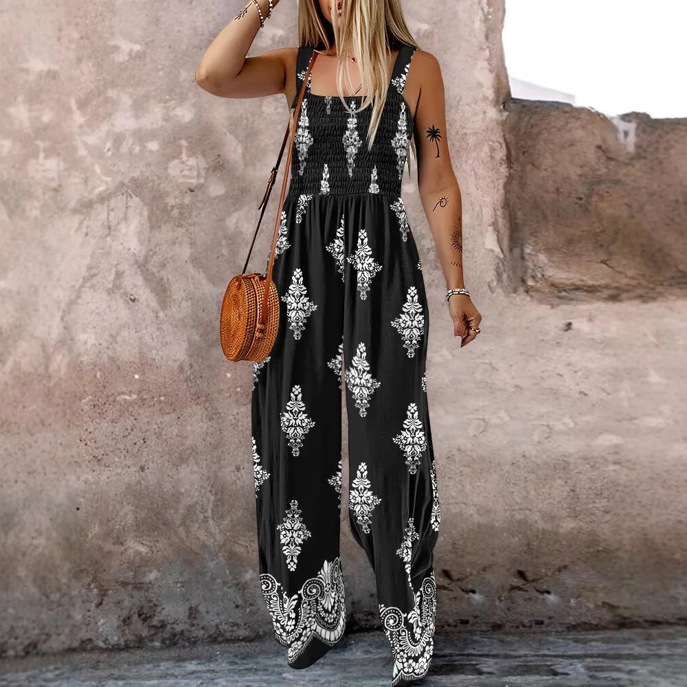 2025 Summer Female Jumpsuits with Pockets Fashion Printing Wide Legs High Waist Women's Rompers Sleeveless Strap Pants Trousers Badiee Stylez