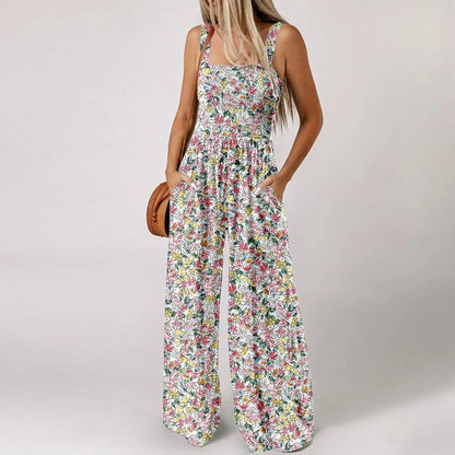 Women'S Suspender Jumpsuits Fashion Trend Pleated Shoulder Straps Printed Pocket Loose Wide Leg Jumpsuits Daily Casual All-Match
