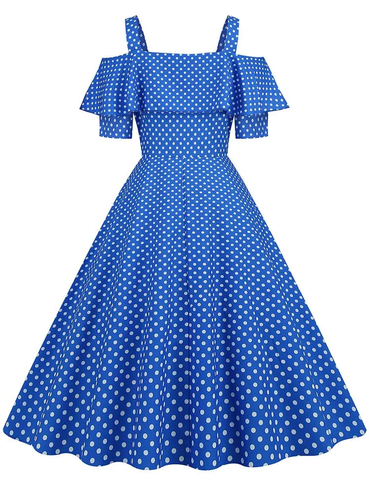 Off the Shoulder Elegant Vintage Party Dress Women Summer Polka Dot Ruffles A Line Midi Dresses