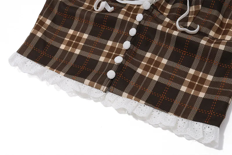 Candyhot Plaid Vintage Lace French Style Halter Crop Tops Retro Backless Sleeveless V-neck Slim Tops Casual Streetwear Camisole