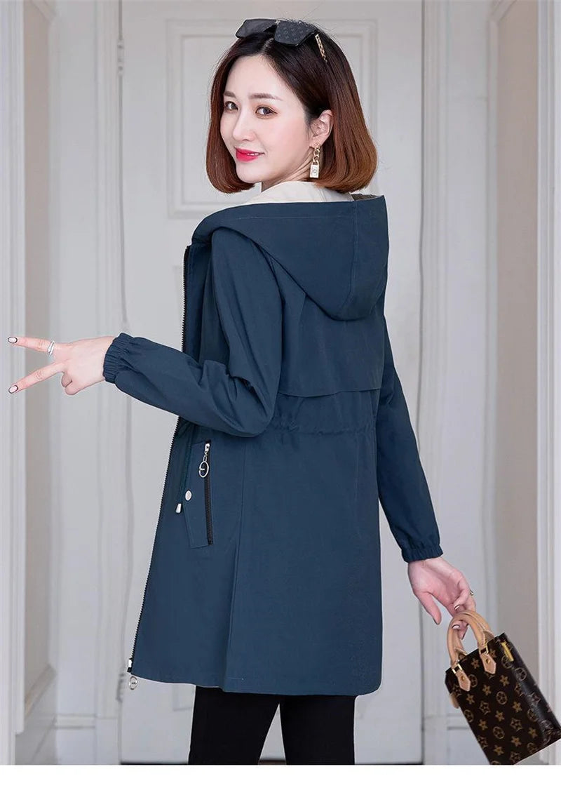 Double-Sided Trench Coat Women 2023New Fashion Spring Autumn Clothes Hooded Mid-Length Windbreakers Female Outerwear Casual Tops