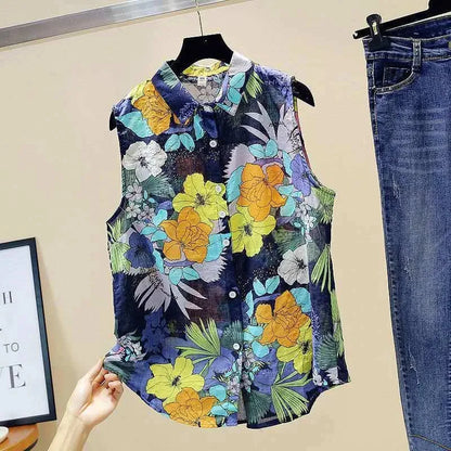 Women Summer Style Blouses Shirts Lady Casual Sleeveless Turn-down Collar Printed Blusas Tops blue