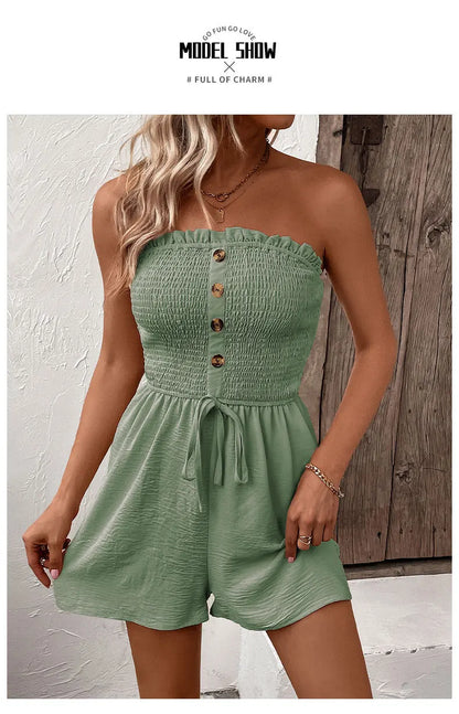 Summer Fashion Splicing Women's Solid Color Sexy Sleeveless Bra Button Tie Waist Casual Comfortable Jumpsuit Shorts 3/4