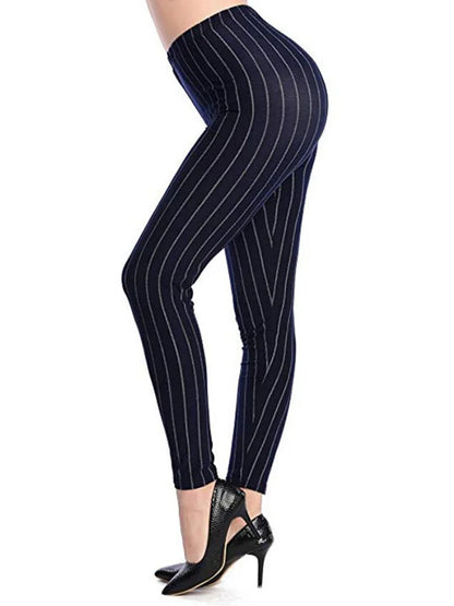 CUHAKCI Female Fitness Leggings Women Print Plaid Leggings Lady Sexy Slim Pencil Pants Push Up Elastic Waist Trousers Navy Stripe