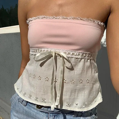 Women's Bandeau Top Kawaii Bow Lace Frill Strapless Tube Tops Summer Sexy Off Shoulder Backless Tie-up Vest Y2k Streetwear
