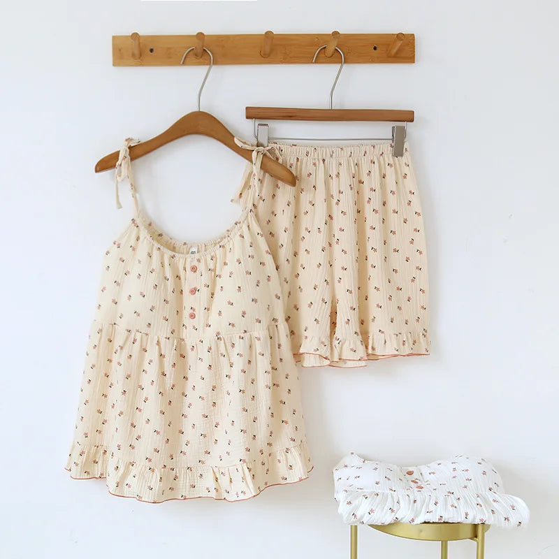 2025 Japanese Summer New Women's Pajama Set 100% Cotton Crepe Cloth Ladies Suspender+Shorts Two Piece Home Furnishing Set