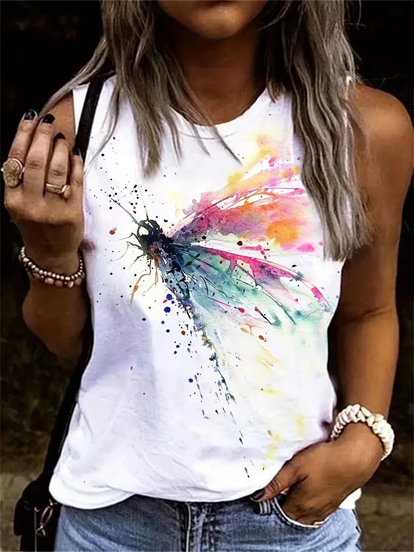 Women's Summer Colorful Dragonfly Print Large Casual Sleeveless Loose Tank Top T-shirt Tank Sleeveless Slim Vest Tops Streetwear BX54-bai