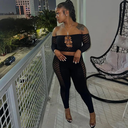Simenual Baddie Fashion Mesh Tansparent Two Piece Sets Hotsweet Sexy Hollow Out Crop Tops Skinny Pants High Elastic Co Ord Suits