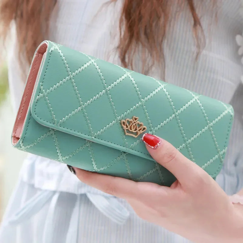 Black Long Wallets for Women PU Leather Diamond Pattern Purse Card Holder Crown Buckle Ladies Phone Bag Fashion Clutch Bag Lake blue