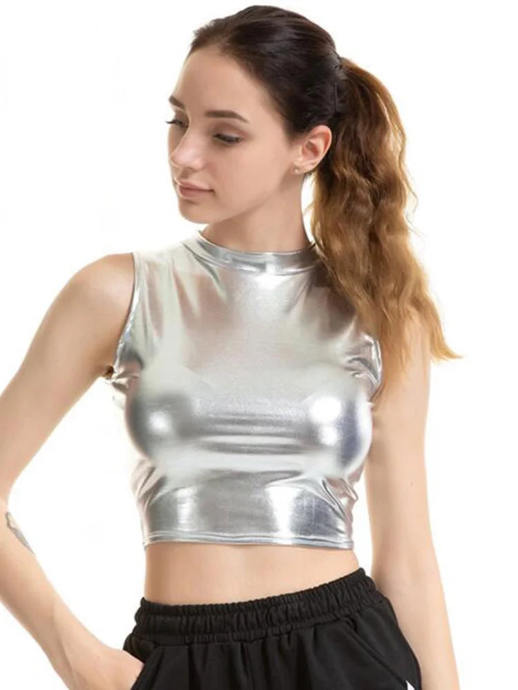 CHSDCSI Sexy Slim Shiny Sleeveless Vest Women High Street Tanks Summer Short Tops Fashion Punk Silver Gold Crop Clubwear X004 Silver