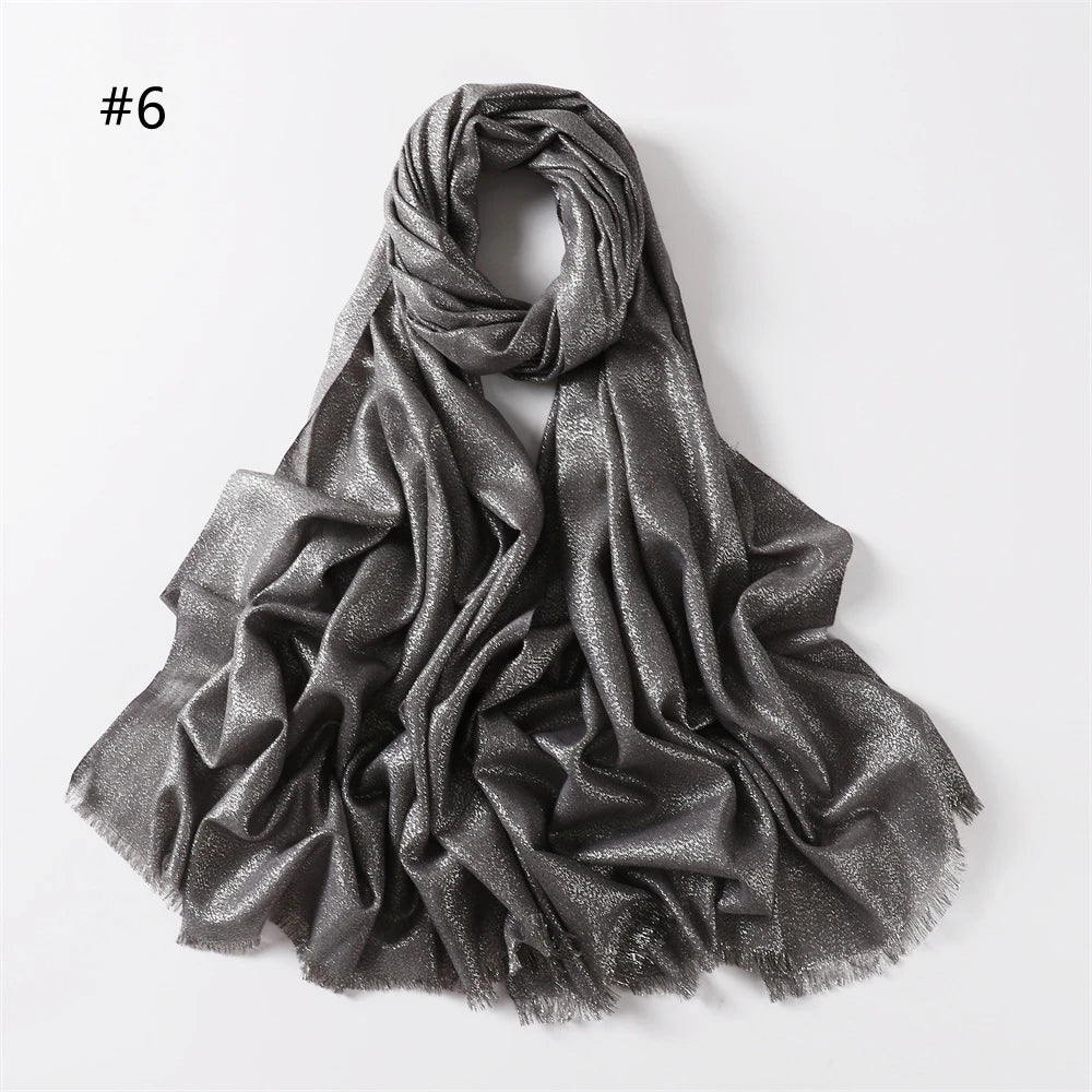 Lastest Brand Design Scarf Shiny Solid Color Shawls Rayon Fabric Gold Silk Silver Wire Head Shawl Fringe Hijab For Women